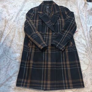 NWT DKNY Faux Wool Coat Black Plaid Neutrals Size Small